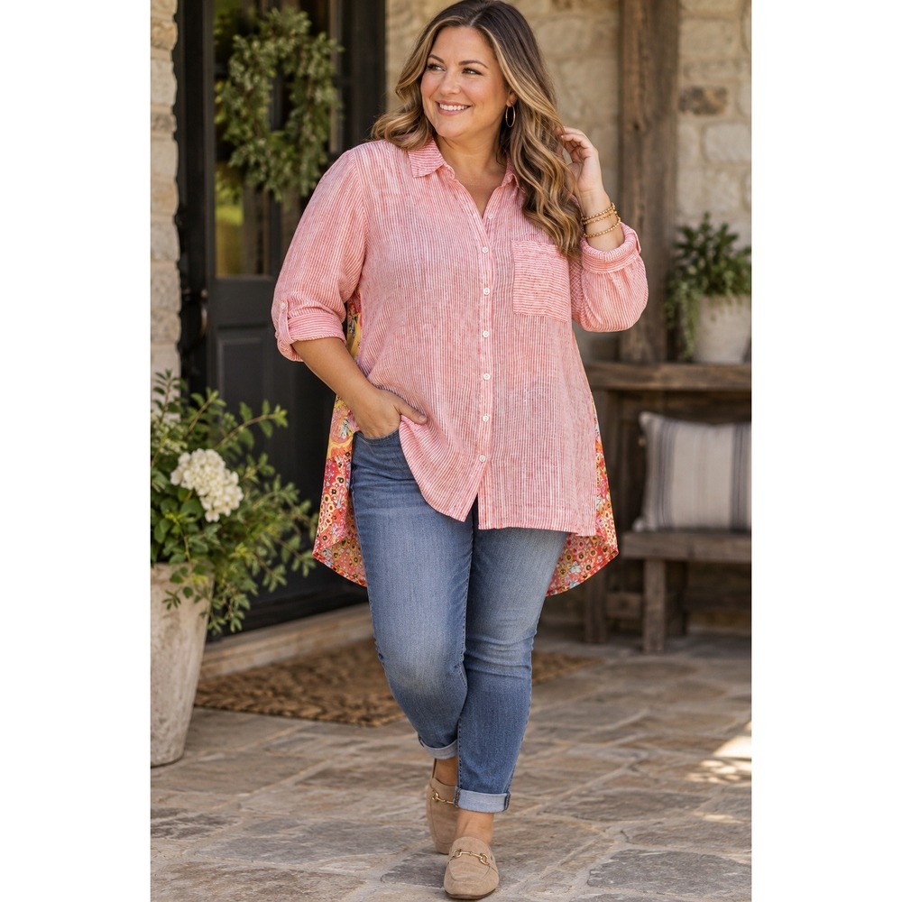 Soft Surroundings Tunic Blouse Pink Striped Floral Patchwork Linen XL 2DA90
